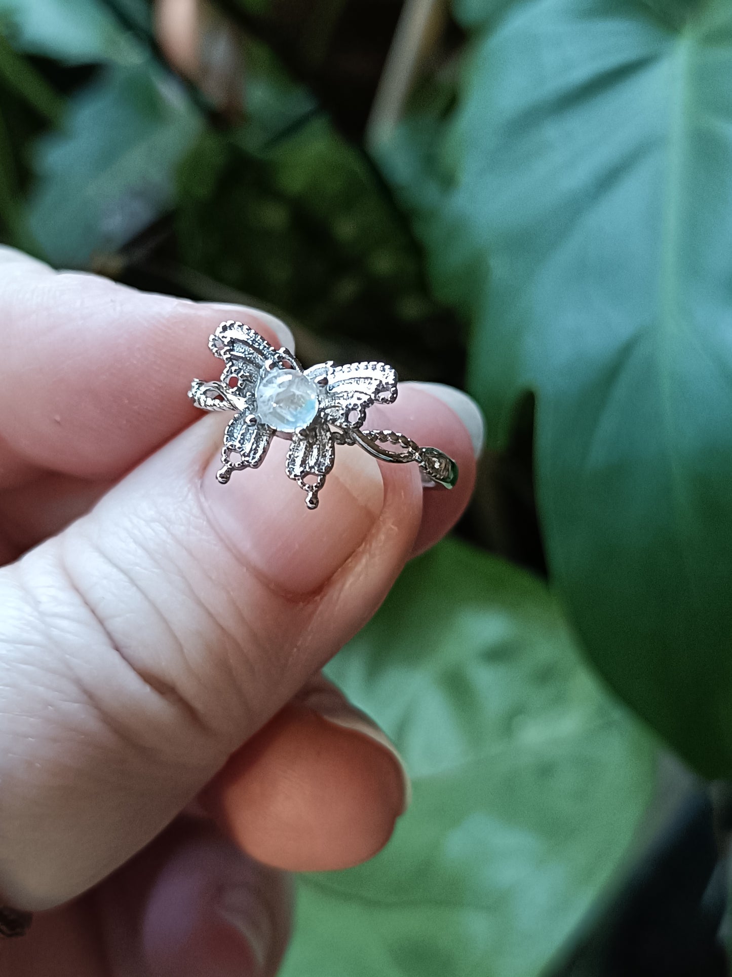 Delicate Fire Opal Butterfly Ring - Silver-Plated Copper