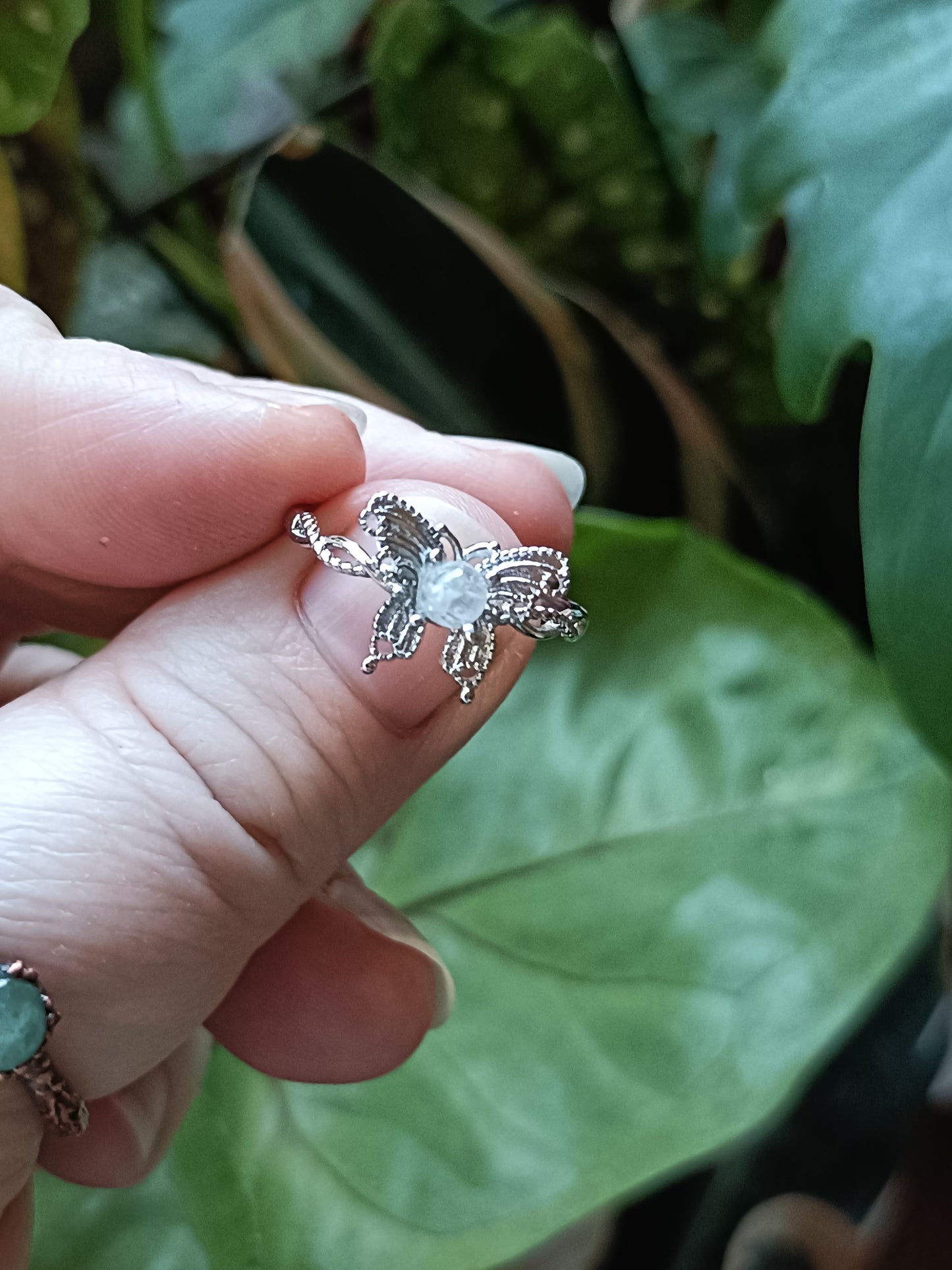 Delicate Fire Opal Butterfly Ring - Silver-Plated Copper