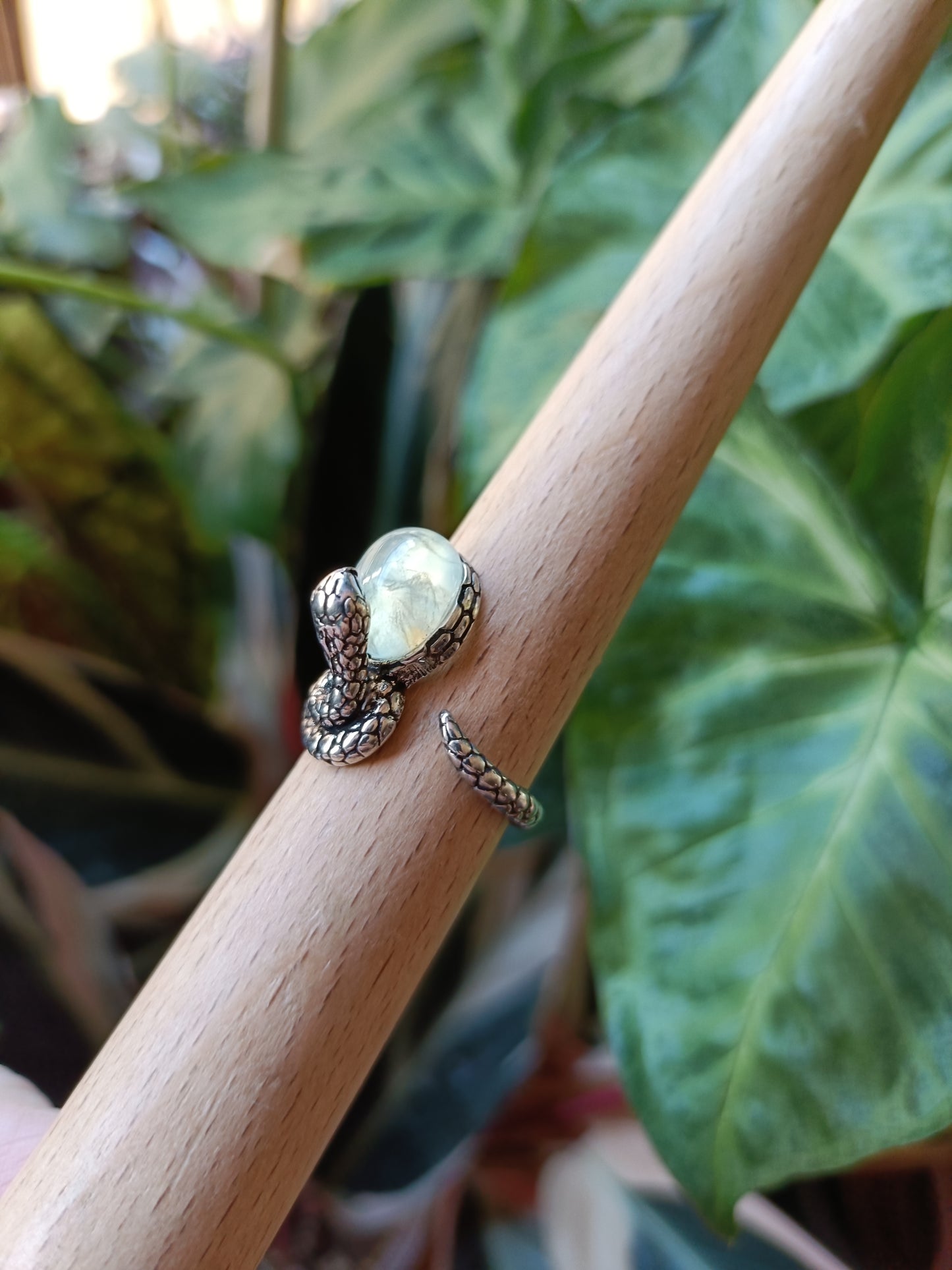 Oval Prehnite & Epidote Ring - Silver-Plated Copper