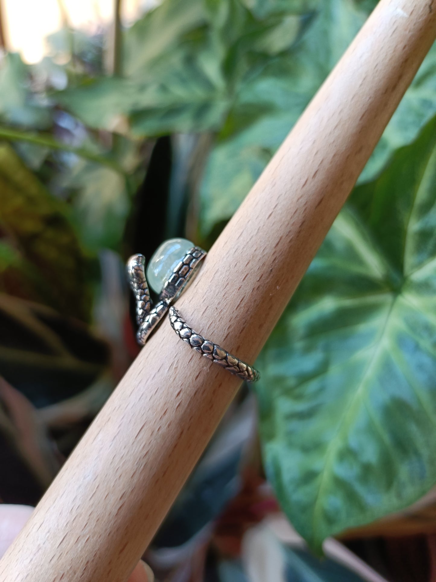 Oval Prehnite & Epidote Ring - Silver-Plated Copper