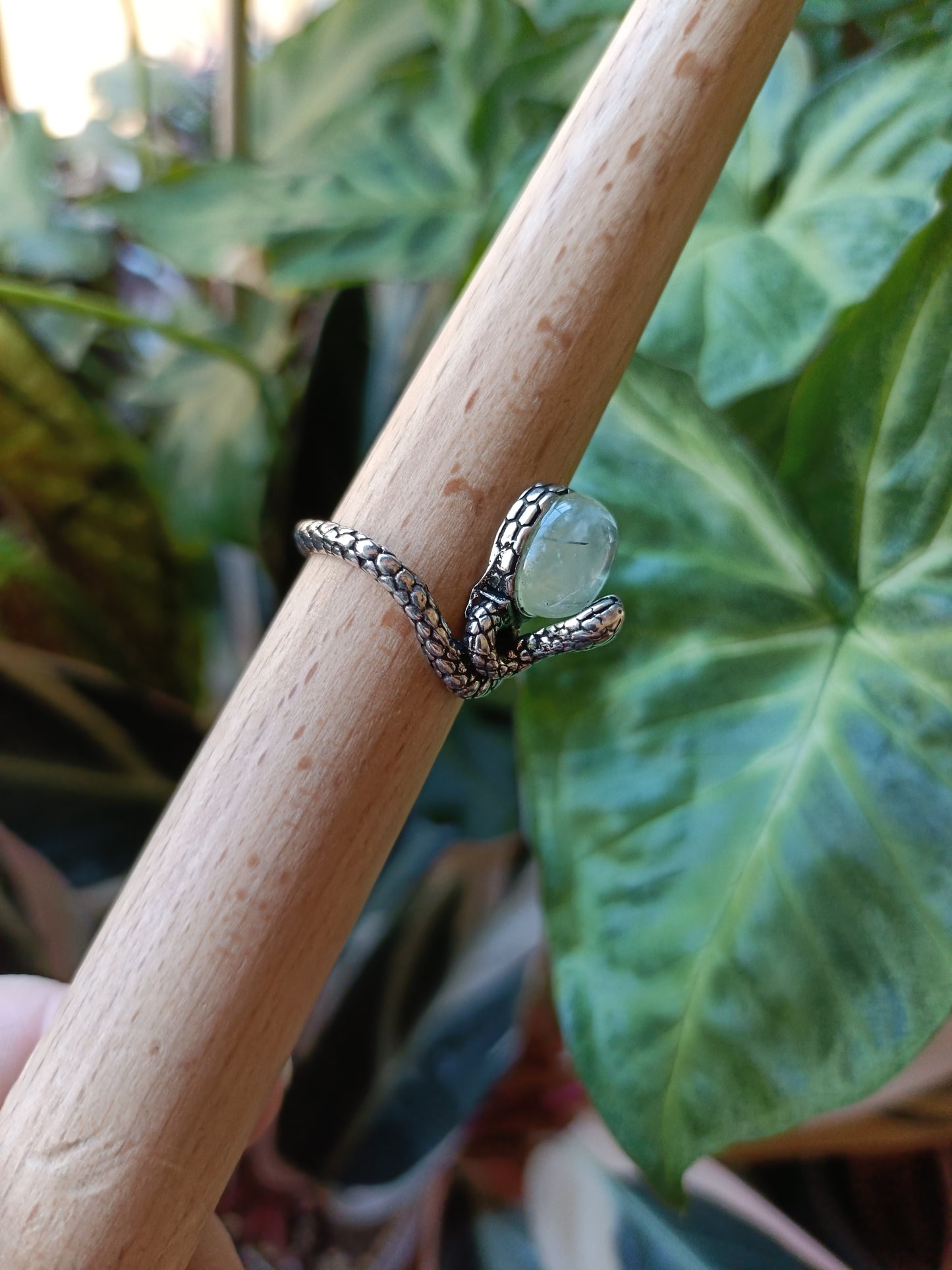 Oval Prehnite & Epidote Ring - Silver-Plated Copper