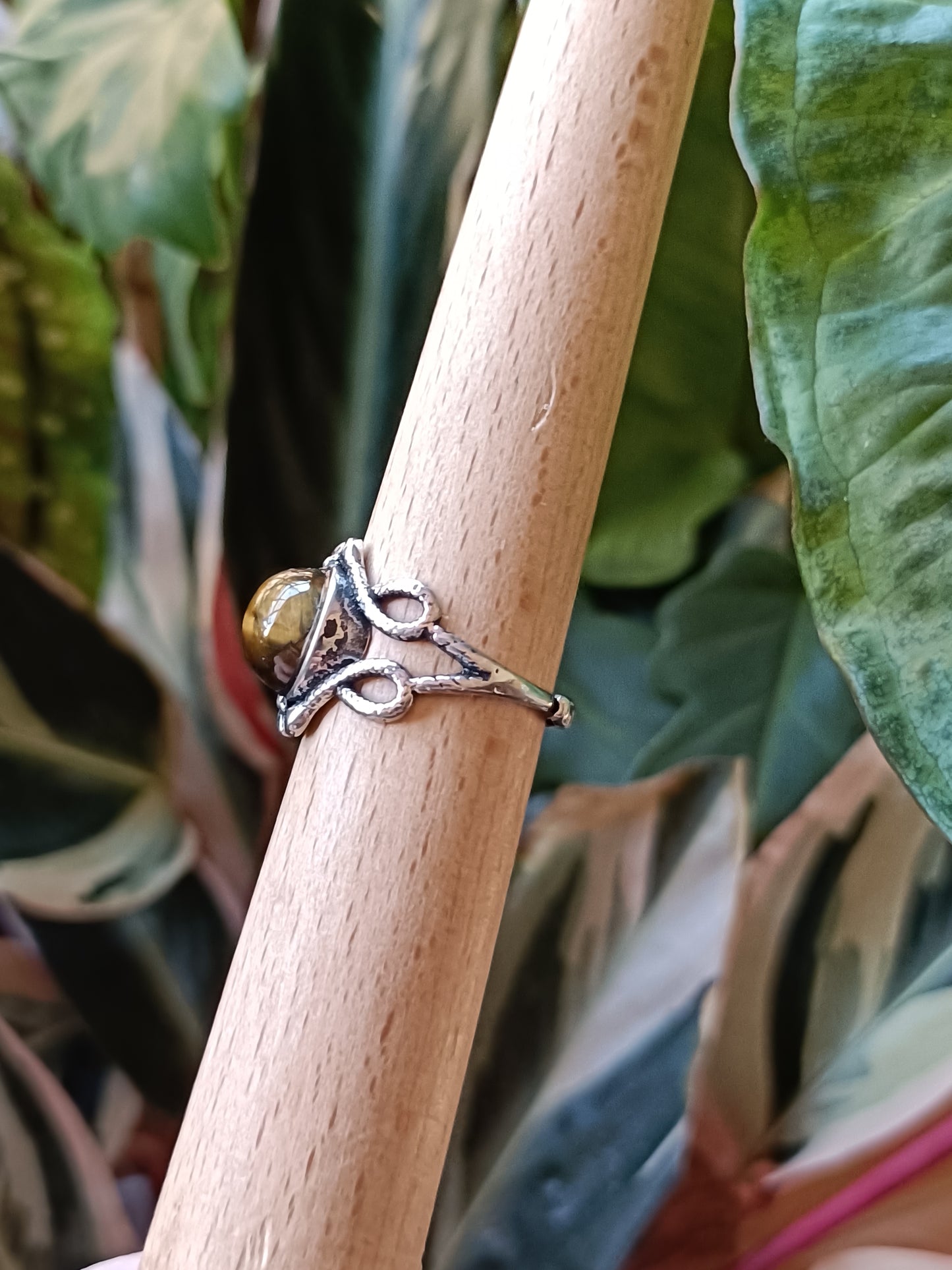 Round Tigers Eye Snake Ring - Silver-Plated Copper