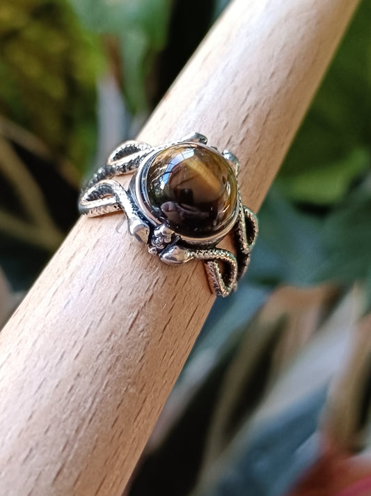 Round Tigers Eye Snake Ring - Silver-Plated Copper