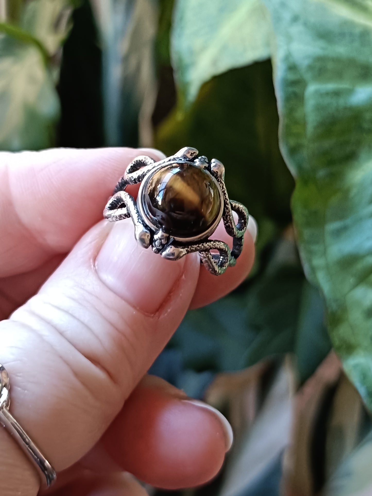 Round Tigers Eye Snake Ring - Silver-Plated Copper