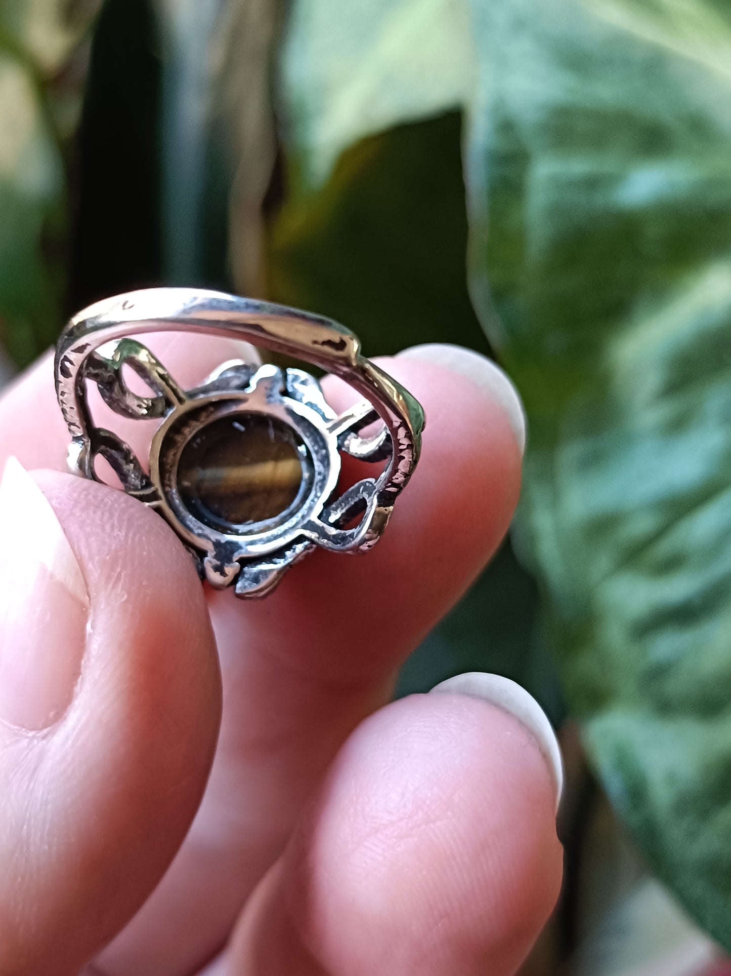 Round Tigers Eye Snake Ring - Silver-Plated Copper