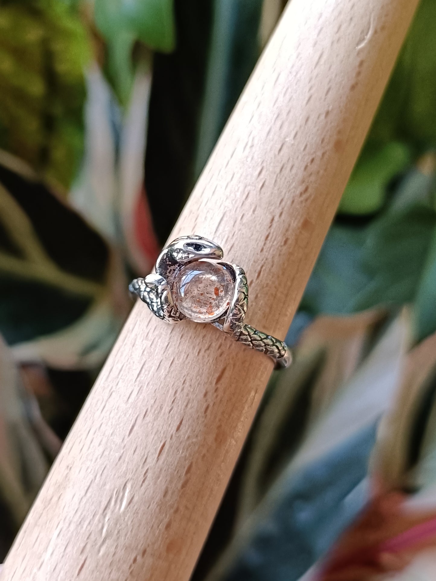 Round Sunstone Snake Ring - Silver-Plated Copper
