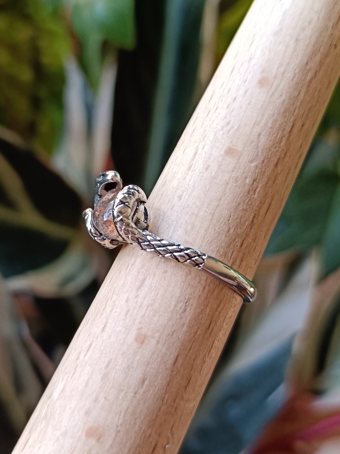 Round Sunstone Snake Ring - Silver-Plated Copper