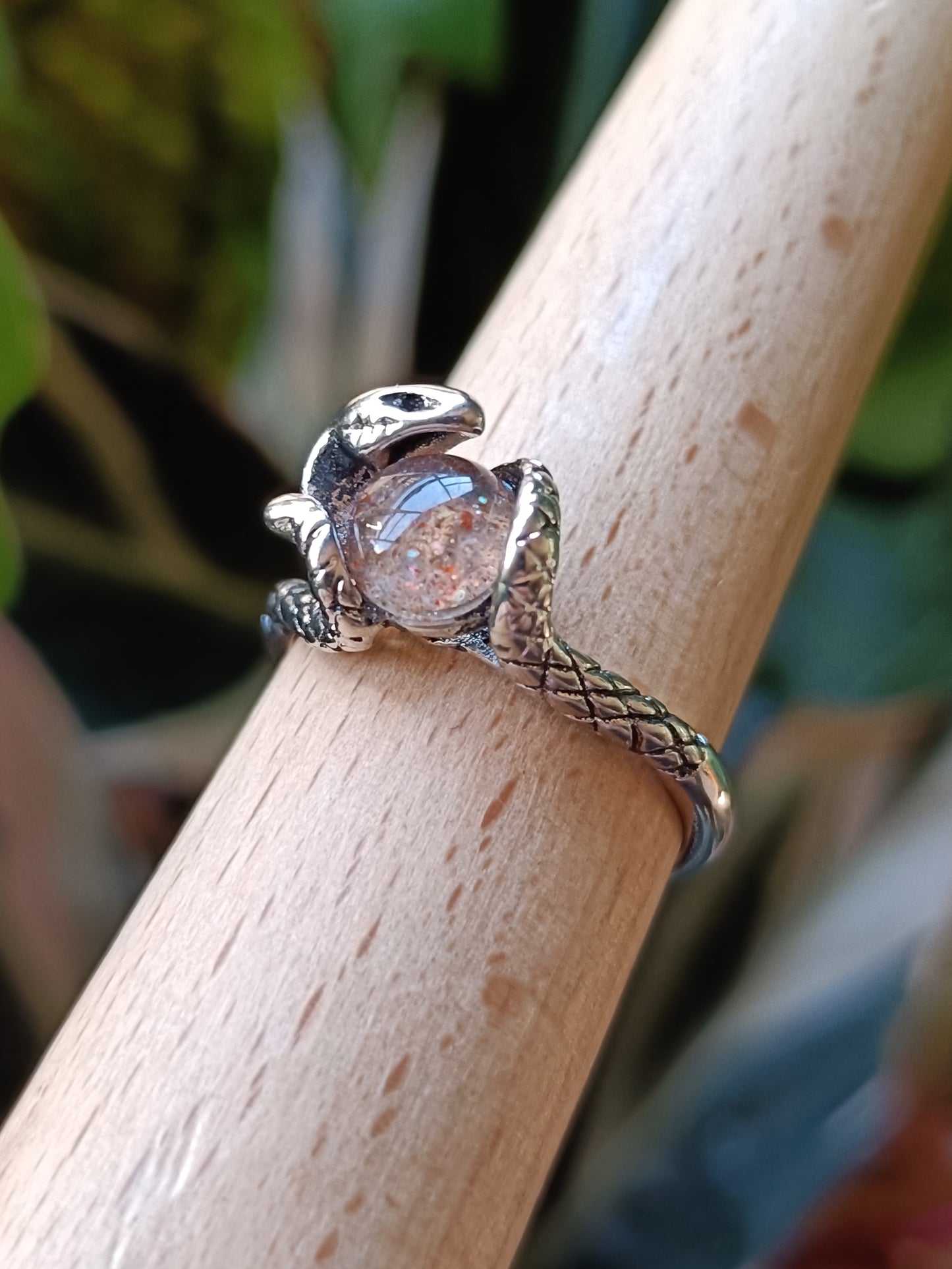 Round Sunstone Snake Ring - Silver-Plated Copper