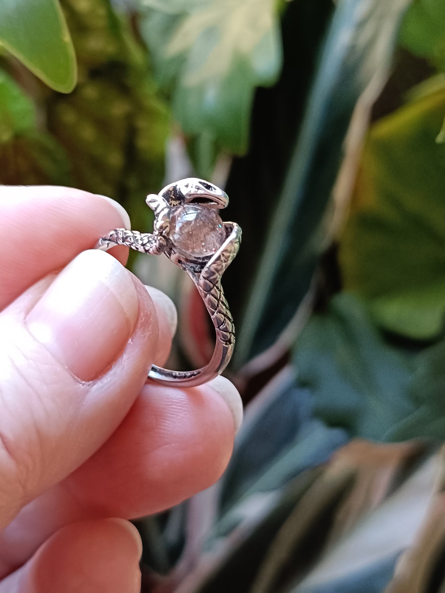 Round Sunstone Snake Ring - Silver-Plated Copper