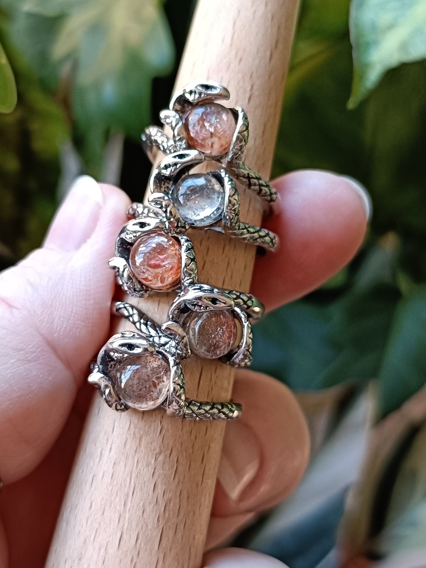 Round Sunstone Snake Ring - Silver-Plated Copper