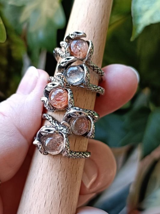 Round Sunstone Snake Ring - Silver-Plated Copper