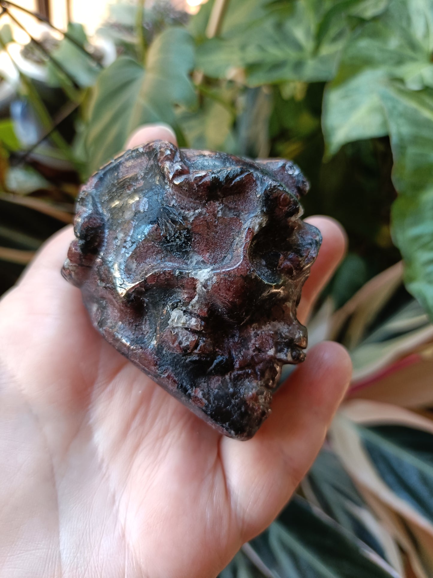 Garnet and Arfvedsonite Skull & Snake Carving - 323g