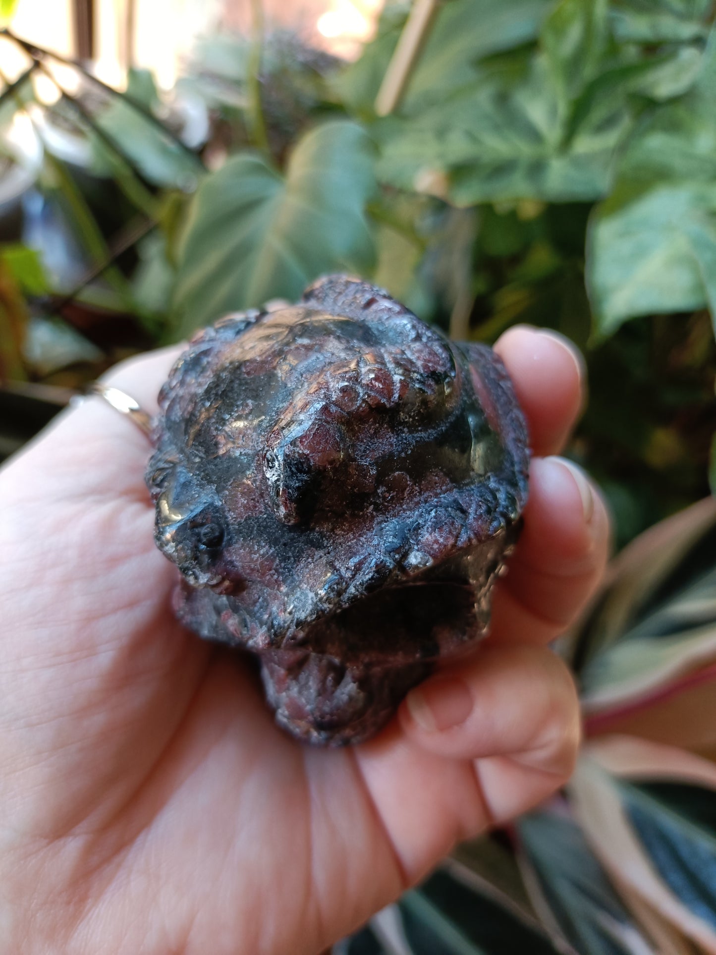 Garnet and Arfvedsonite Skull & Snake Carving - 323g
