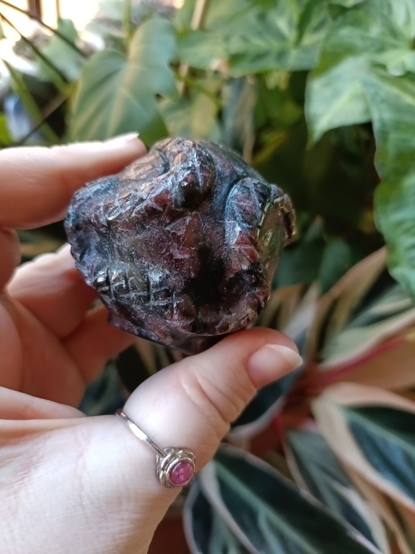 Garnet and Arfvedsonite Skull & Snake Carving - 323g