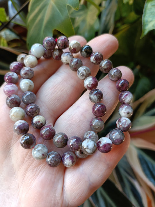 Pink Tourmaline in Quartz Round Beaded Stretch Bracelet - 8mm
