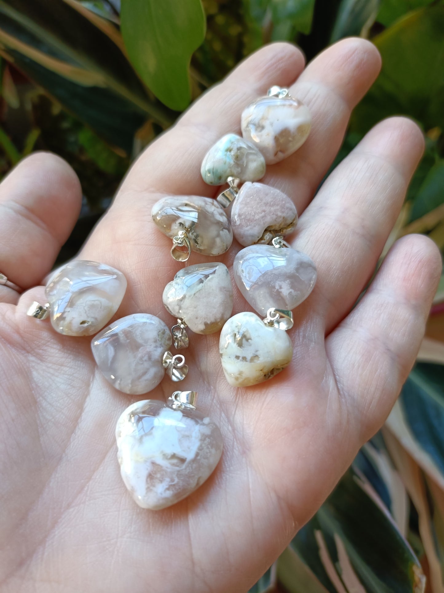 Heart Shaped Flower Agate Pendant - Silver-Plated Copper