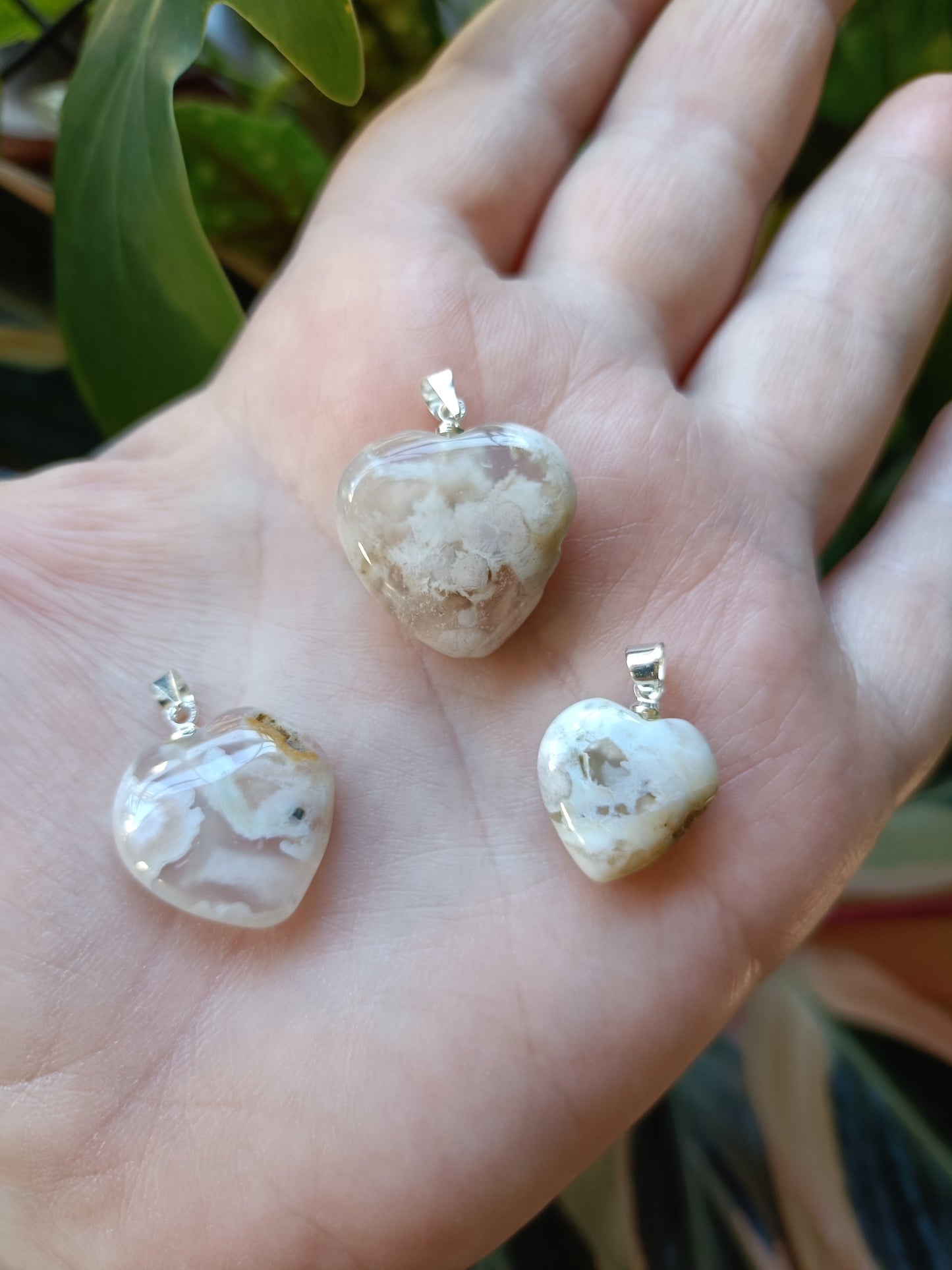 Heart Shaped Flower Agate Pendant - Silver-Plated Copper