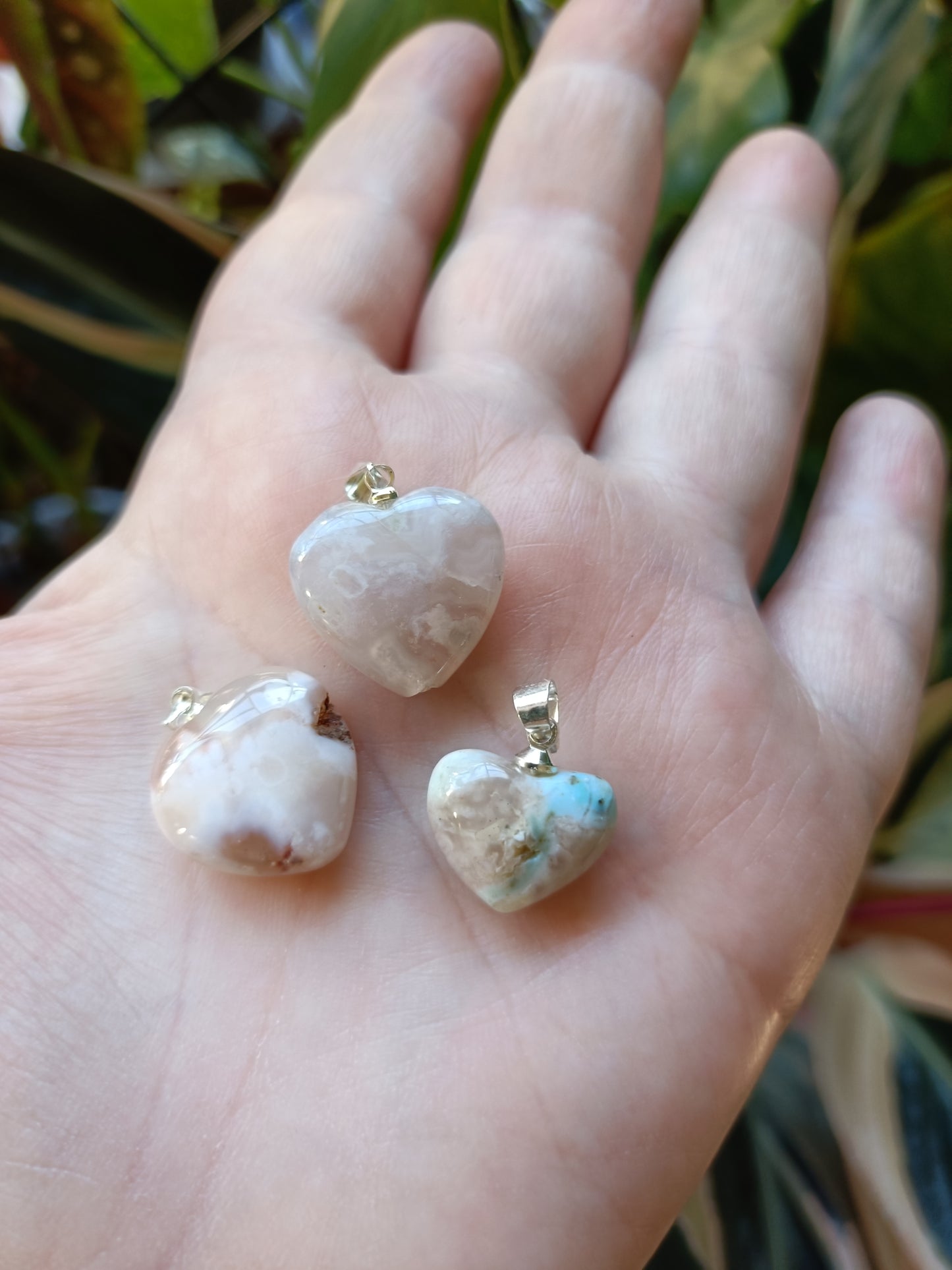 Heart Shaped Flower Agate Pendant - Silver-Plated Copper
