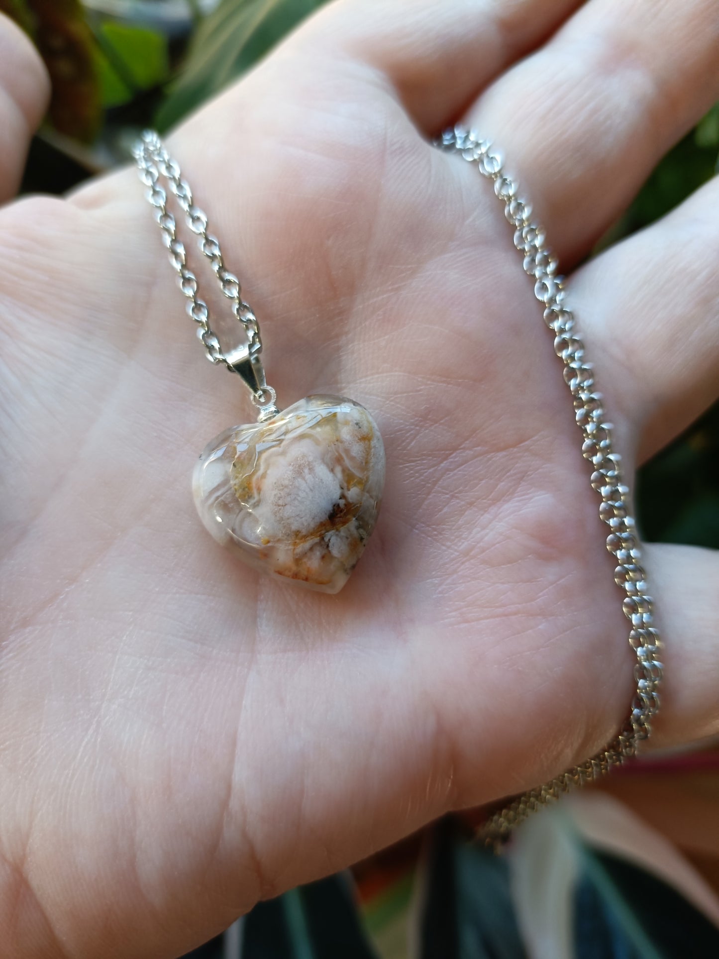 Heart Shaped Flower Agate Pendant - Silver-Plated Copper