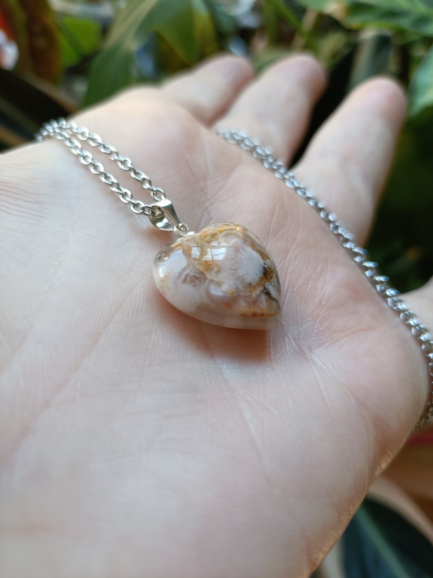 Heart Shaped Flower Agate Pendant - Silver-Plated Copper