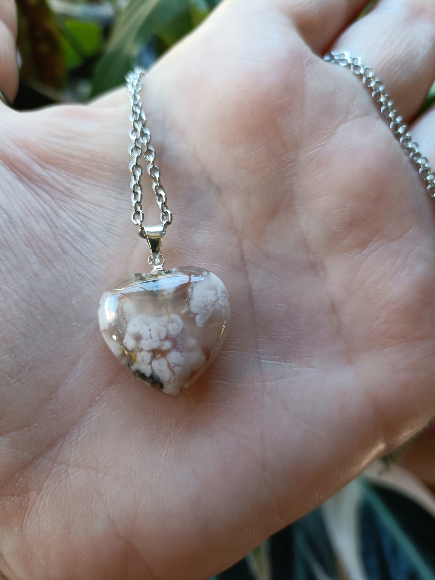 Heart Shaped Flower Agate Pendant - Silver-Plated Copper