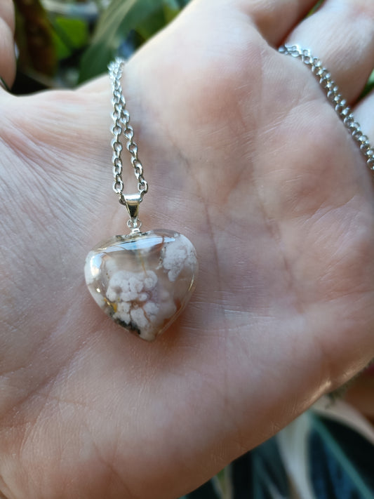 Heart Shaped Flower Agate Pendant - Silver-Plated Copper