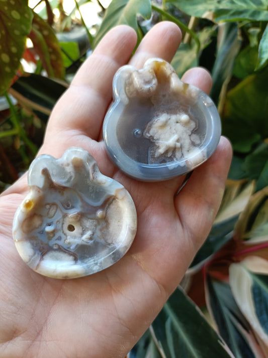 Black Flower Agate Miffy Head Trinket Dish - 45g