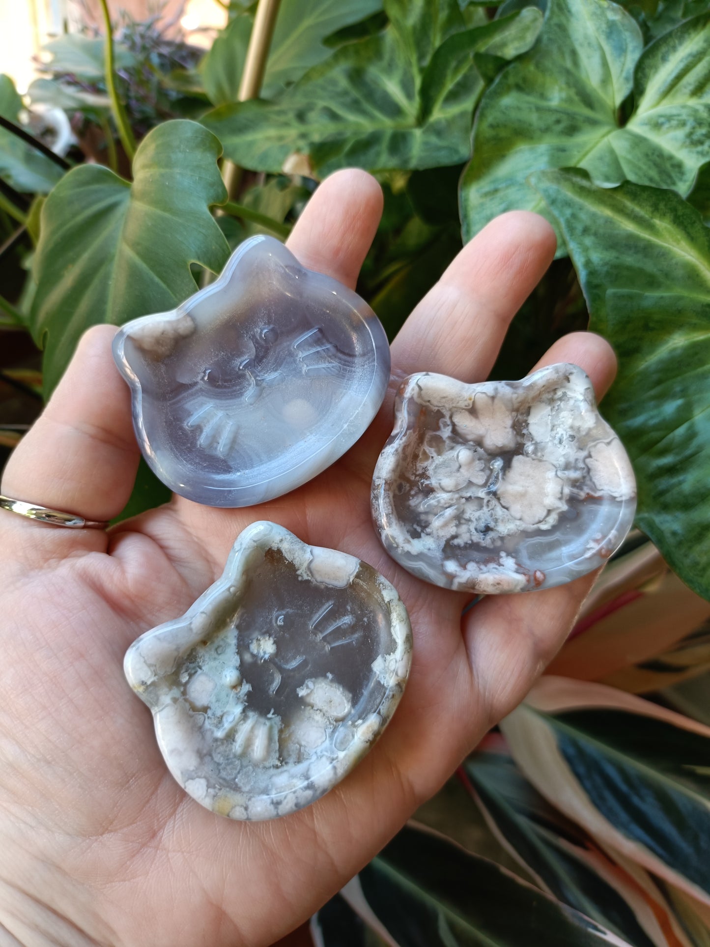 Black Flower Agate Kitty Head Trinket Dish - 60g