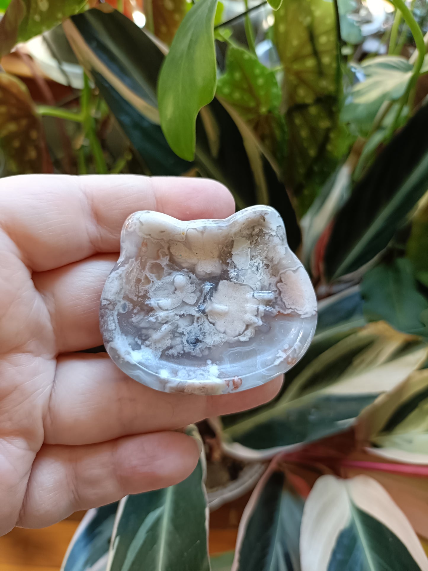 Black Flower Agate Kitty Head Trinket Dish - 60g