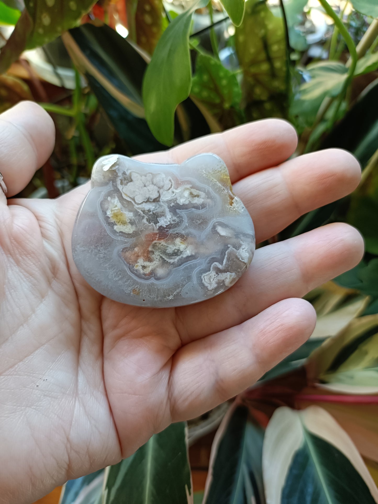 Black Flower Agate Kitty Head Trinket Dish - 60g