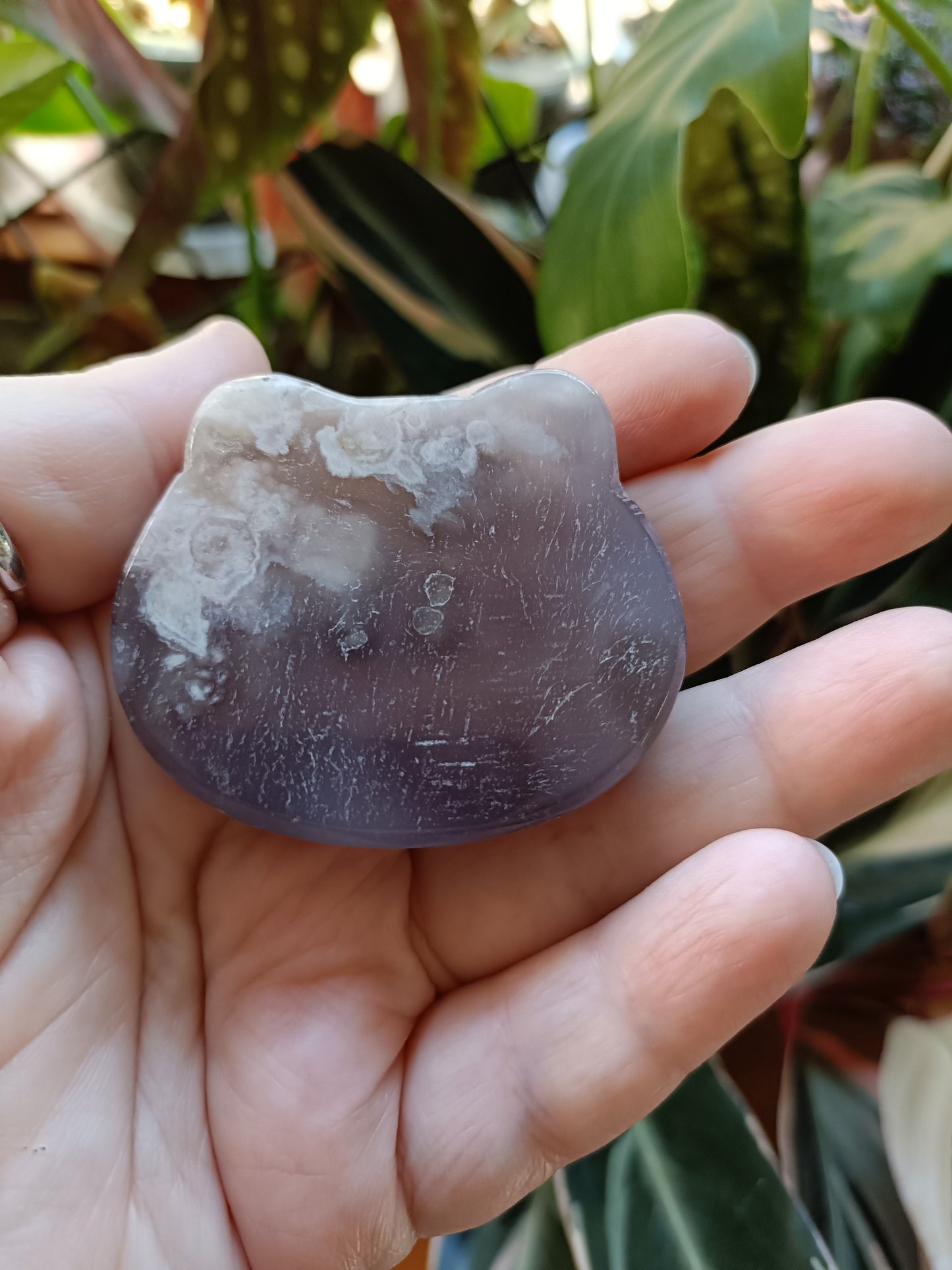 Black Flower Agate Kitty Head Trinket Dish - 60g