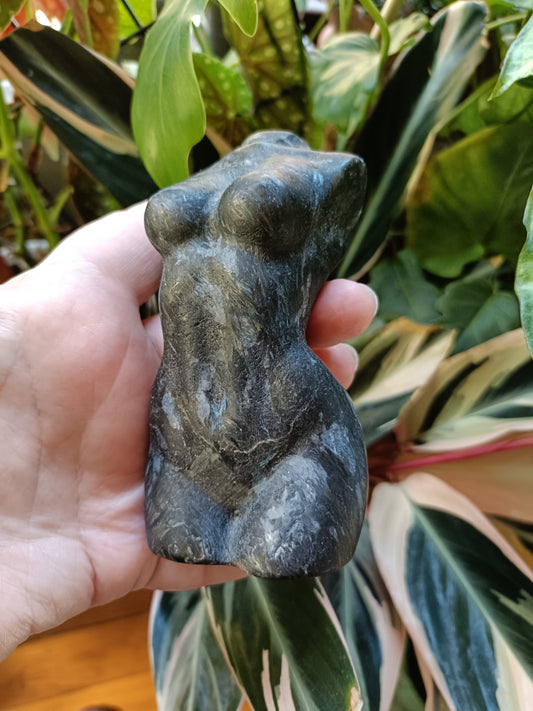 Arfvedsonite 'Firework Stone' Goddess Body Carving - 530g