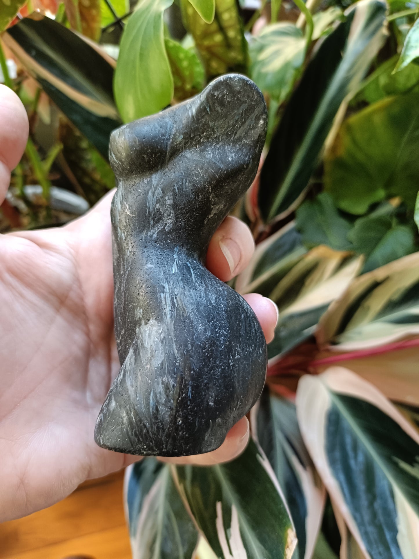 Arfvedsonite 'Firework Stone' Goddess Body Carving - 530g