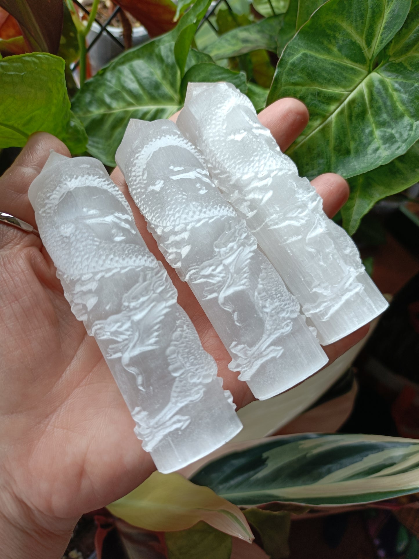 Satin Spar Dragon Tower Carving - 110-120g