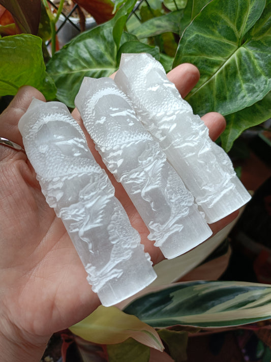 Satin Spar Dragon Tower Carving - 110-120g