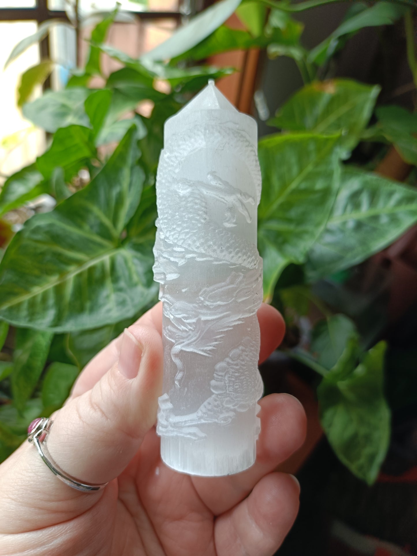 Satin Spar Dragon Tower Carving - 110-120g