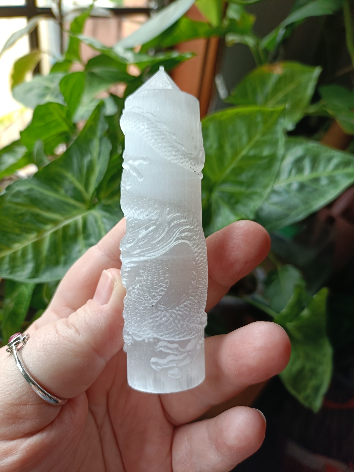 Satin Spar Dragon Tower Carving - 110-120g