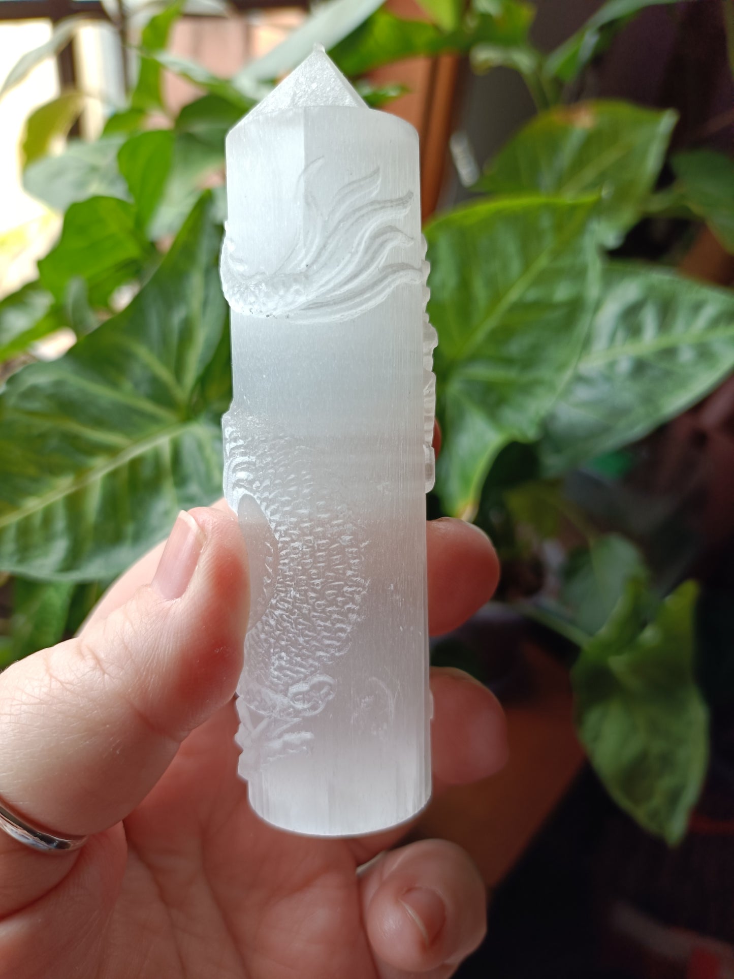 Satin Spar Dragon Tower Carving - 110-120g
