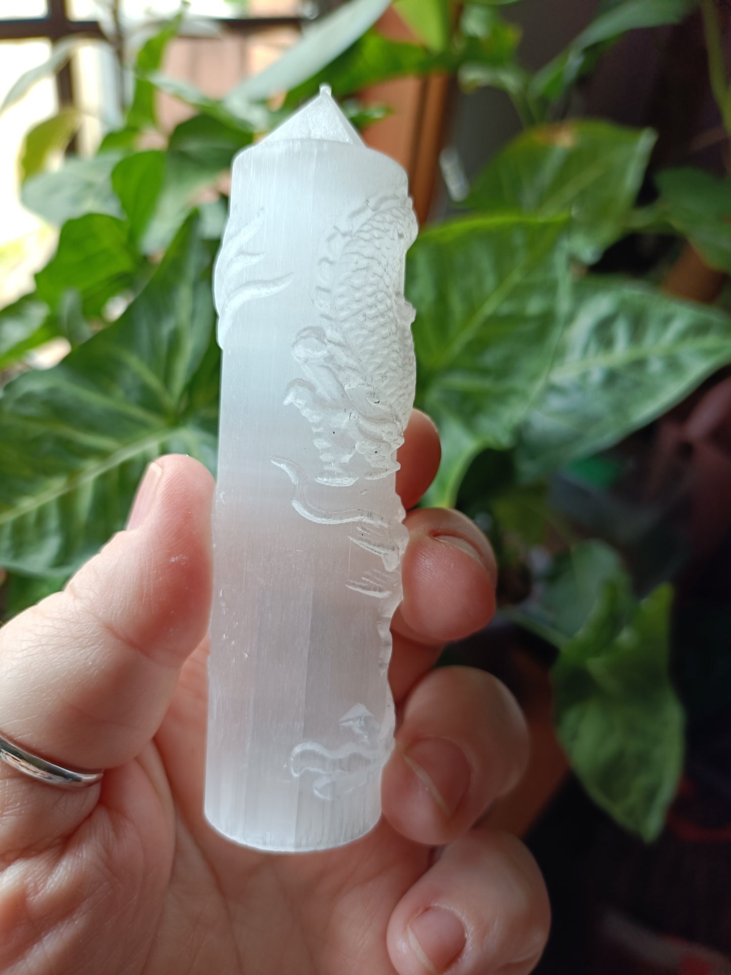 Satin Spar Dragon Tower Carving - 110-120g