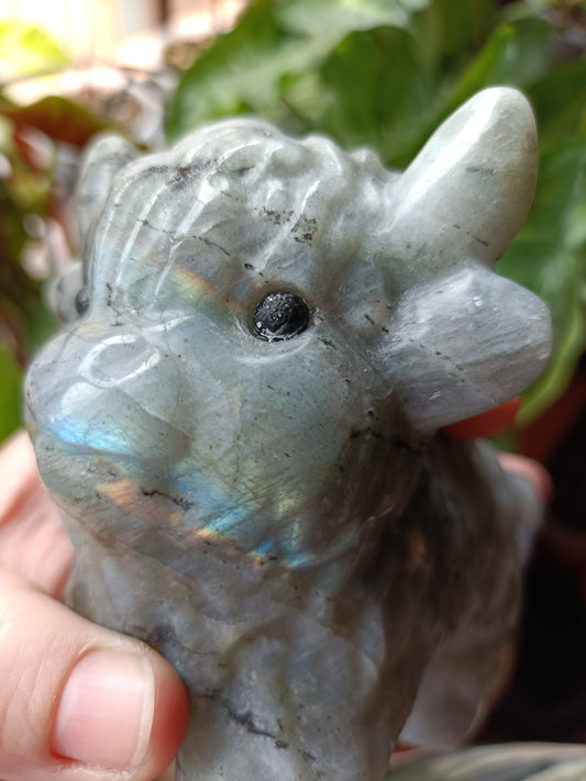 Labradorite Highland Cow Carving - 922g