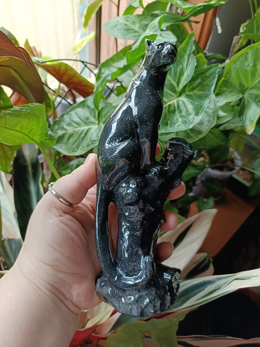 Black Marble Leopard on Tree Carving - 760g