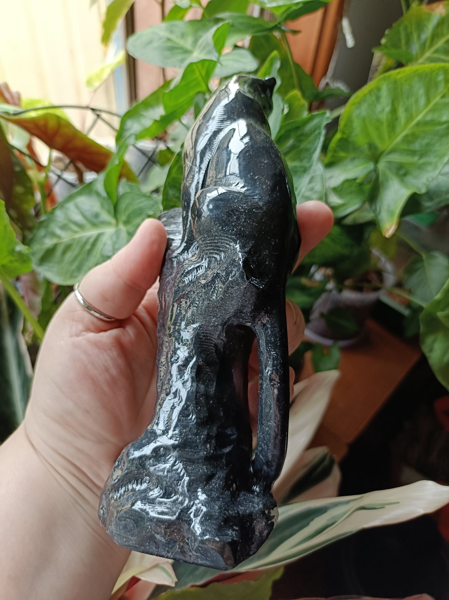 Black Marble Leopard on Tree Carving - 760g
