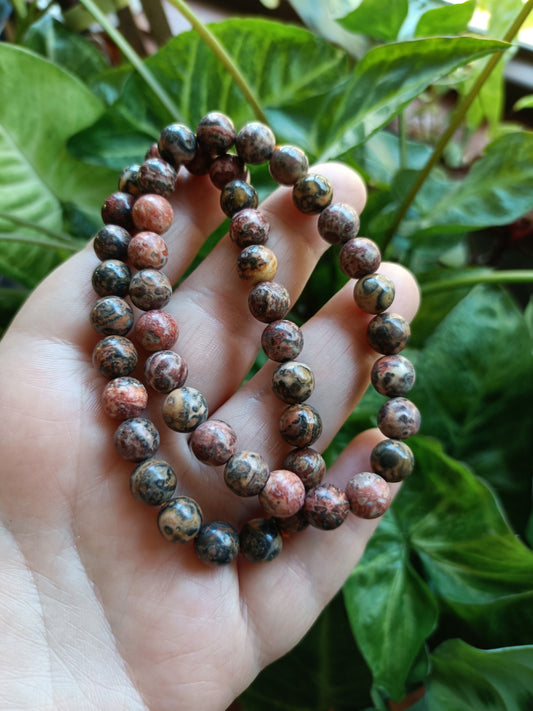 'Leopard Skin' Rhyolite Round Beaded Stretch Bracelet - 8mm