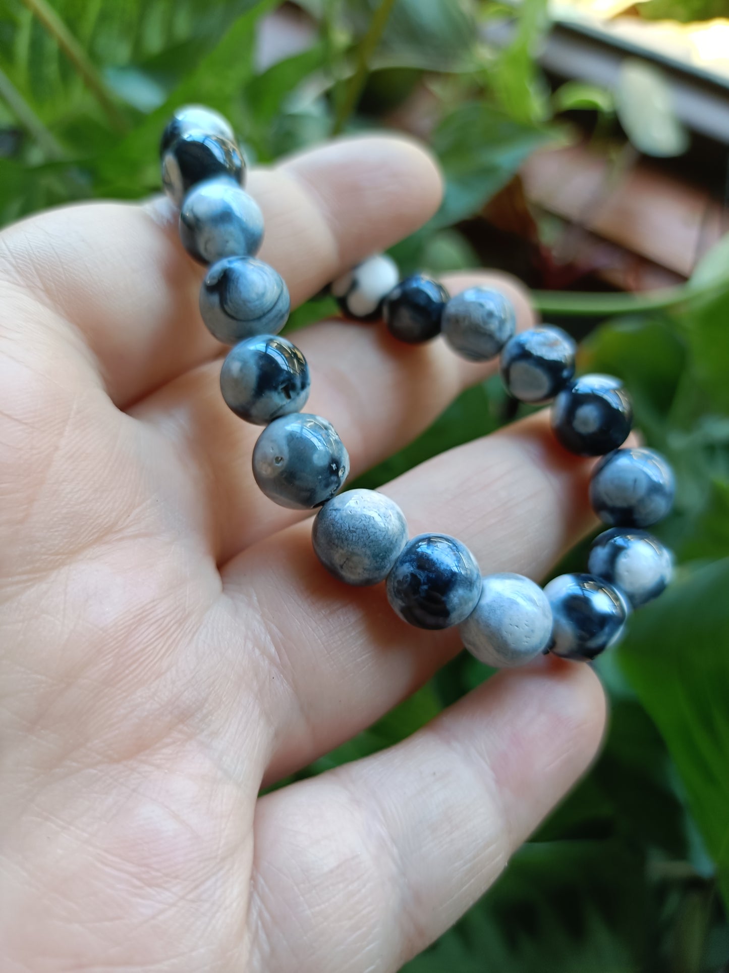Black Orca Agate Beaded Stretch Bracelet - 10mm