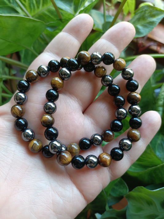 Triple Protection Bracelet - Tigers Eye, Black Obsidian, Hematite - 8mm
