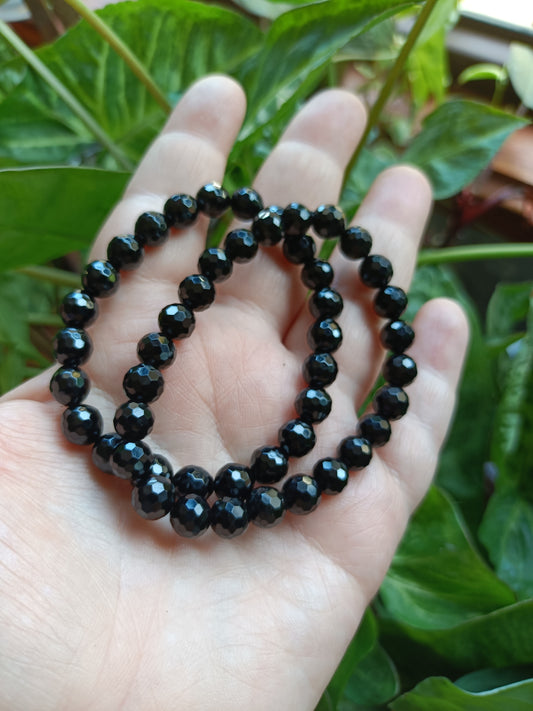 Faceted Black Obsidian Round Beaded Stretch Bracelet - 8mm