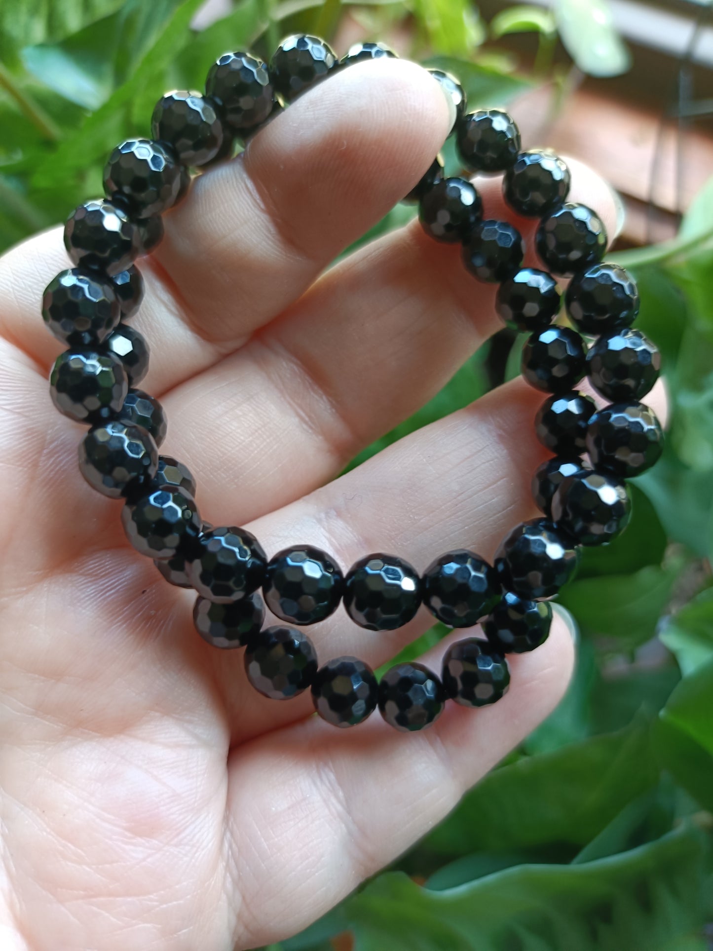 Faceted Black Obsidian Round Beaded Stretch Bracelet - 8mm