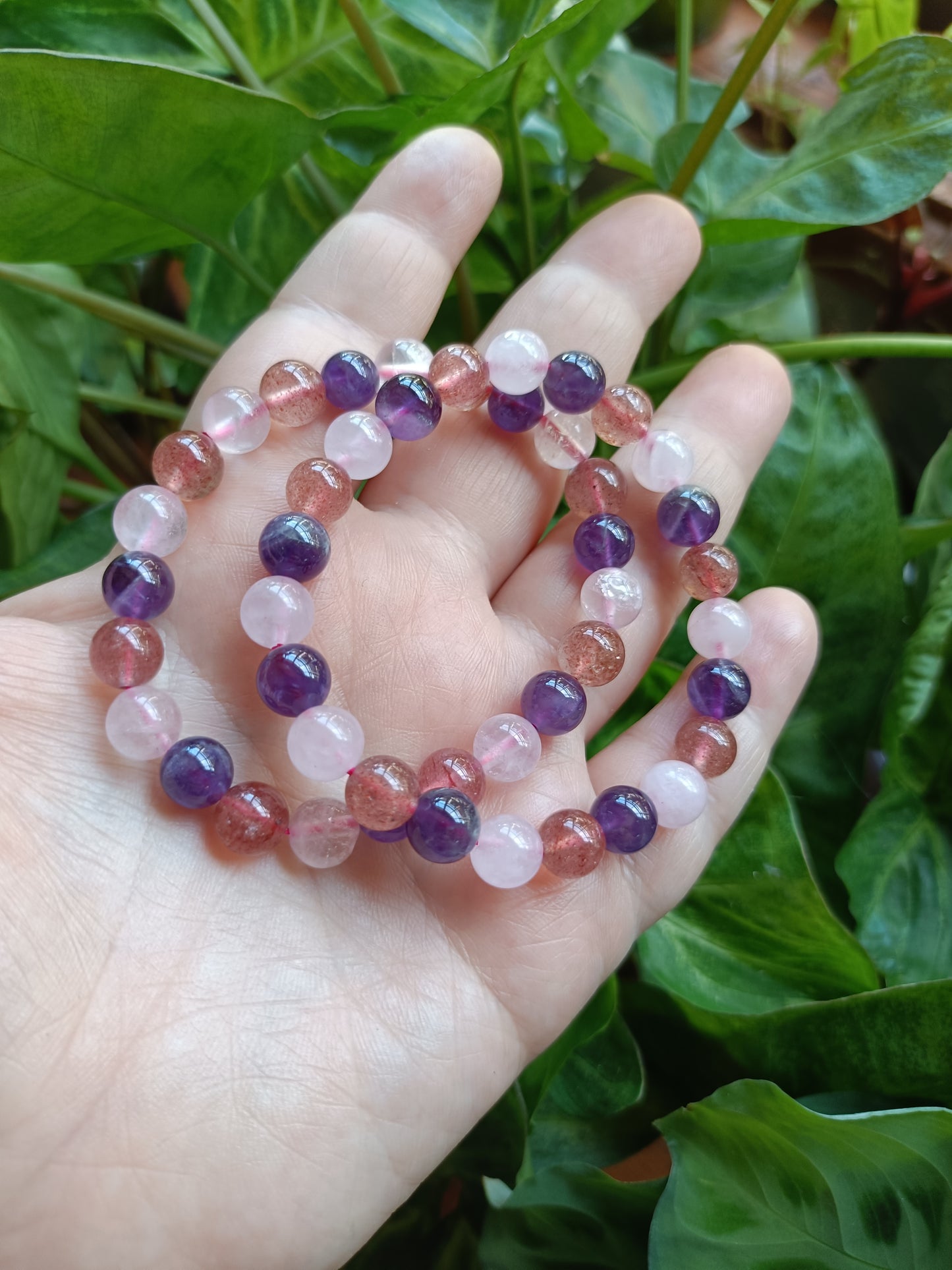 Triple Protection Bracelet - Rose Quartz, Strawberry Quartz, Amethyst - 8mm