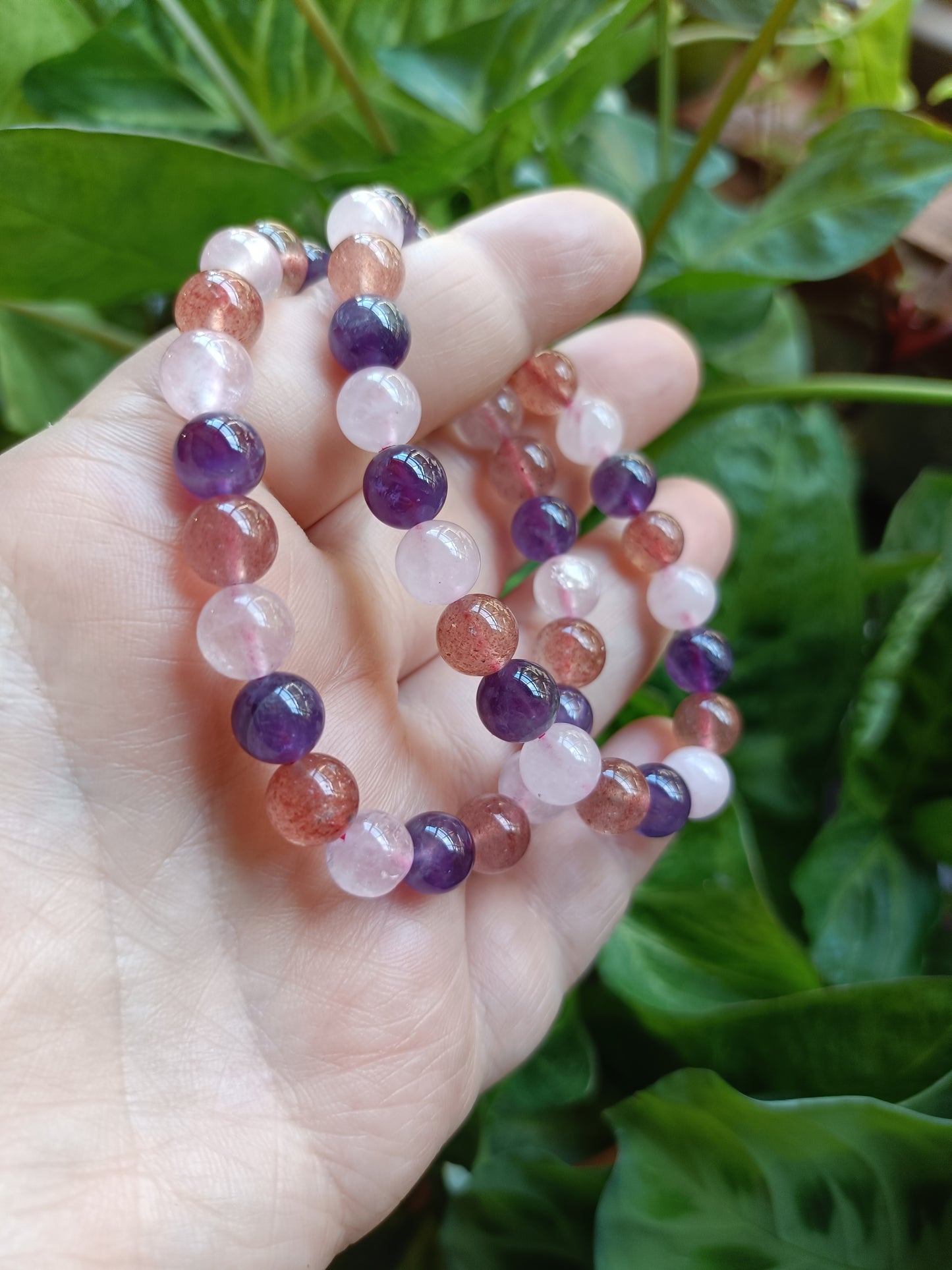 Triple Protection Bracelet - Rose Quartz, Strawberry Quartz, Amethyst - 8mm