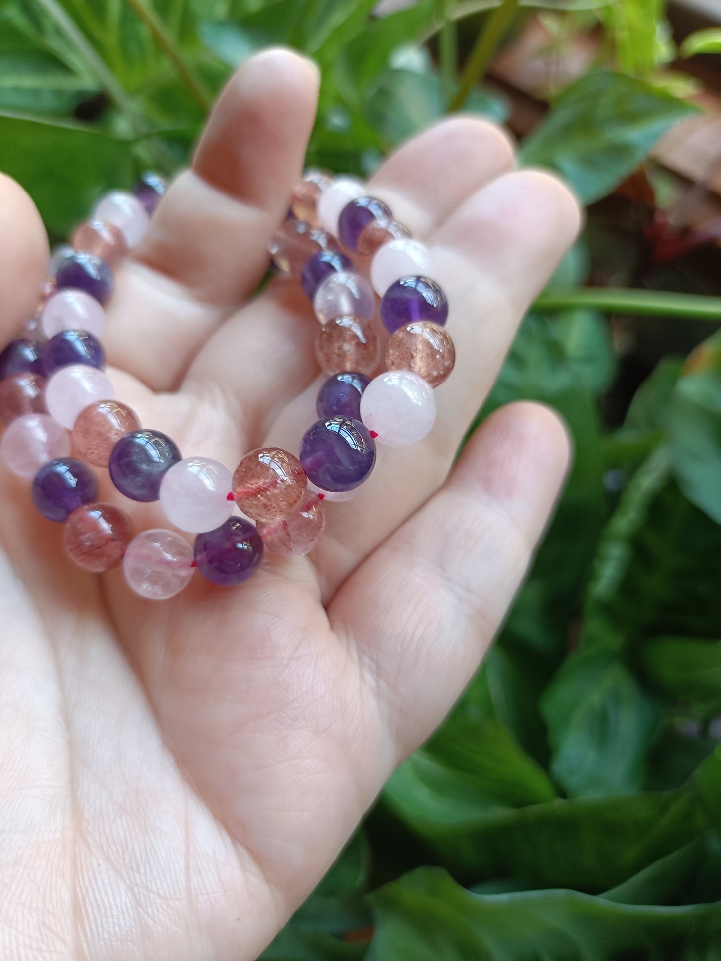 Triple Protection Bracelet - Rose Quartz, Strawberry Quartz, Amethyst - 8mm